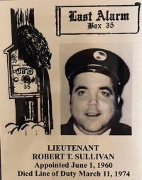 black and white photo of Robert Sullivan with text &quot;last alarm box 35&quot;