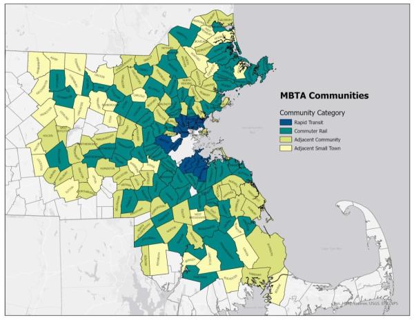 Map of Massachusetts with communities color-coded based on MBTA community type