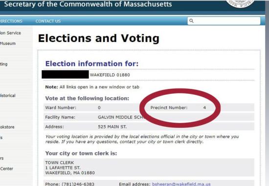 screen shot of the Massachusetts Elections and Voting platform. A red circle notes precinct 4 for this entry