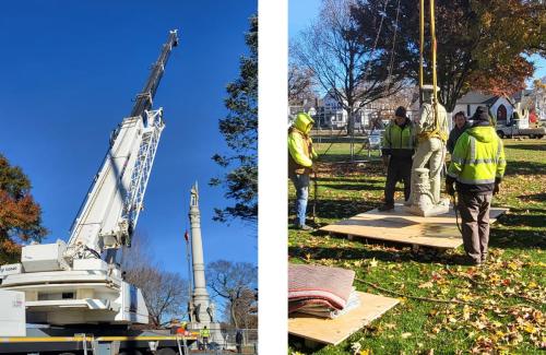two photos of a crane and crew removing a granite figure from the soldiers and sailors monument on Wakefield's Upper Common