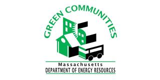 illustration of buildings, house, and bus in green and black. text "Green communities massachusetts"