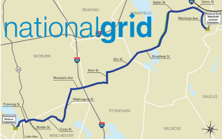 map with blue line showing transmission line through towns