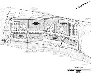 Black and white sketch of civil plans at 200 Quannapowitt Parkway