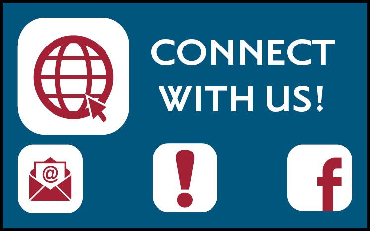 red communication icons on blue background with text "connect with us"