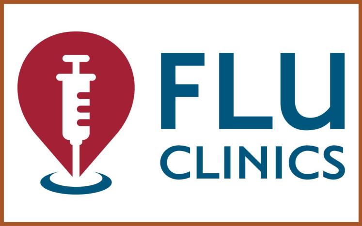 icon of syringe on red background, text: FLU CLINICS