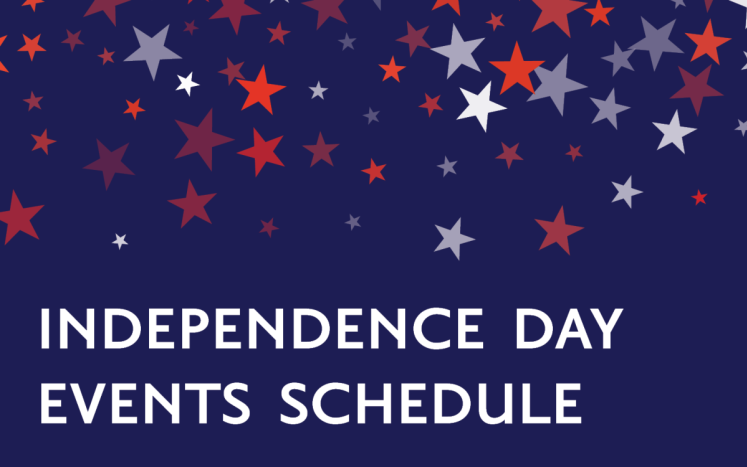 Independence Day Events Schedule on blue background with red and white stars