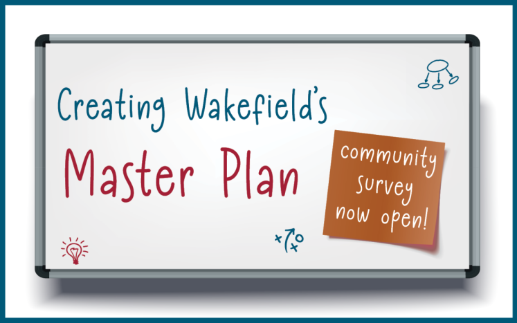 Illustration of white board with brown sticky note; Creating Wakefield's Master Plan