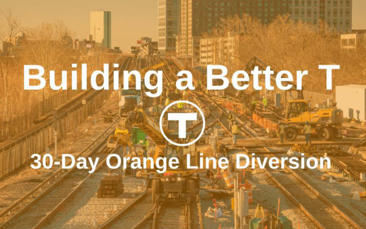 Building a Better T, 30-day Orange Line Diversion, photo of orange line tracks from overhead, shaded in orange hue