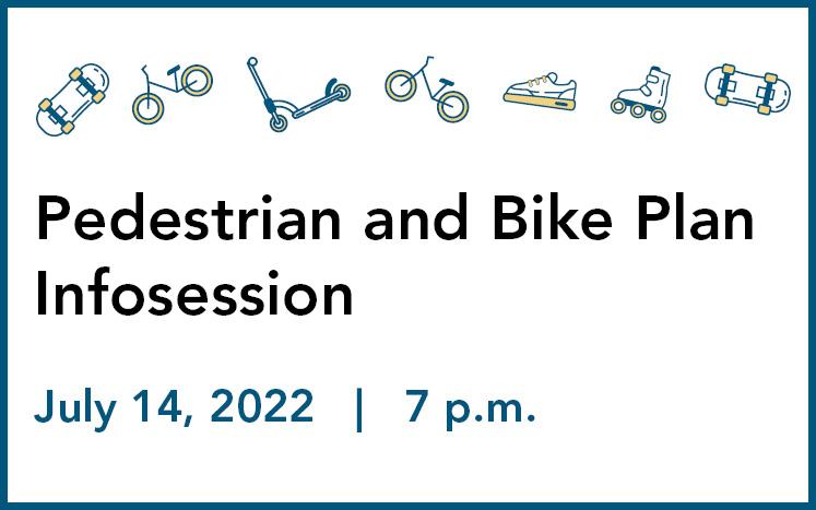 icon of sneakers, skateboard, bike, and scooter; Pedestrian and Bike Plan Infosession July 14 at 7 pm