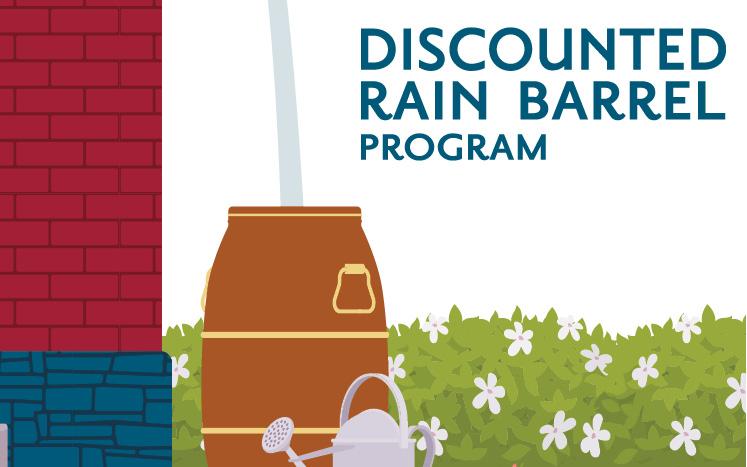 illustration of rain water pouring from gutter into rain barrel. Watering can also on lawn.