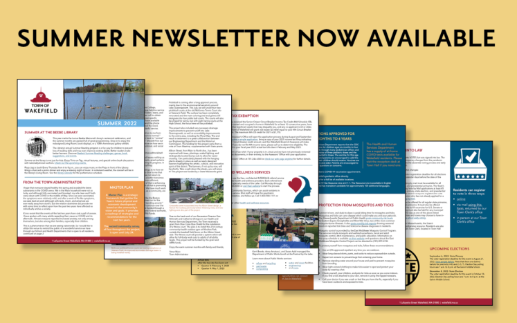Five thumbnails of newsletter pages layered on top of one another with text Summer Newsletter Now Available