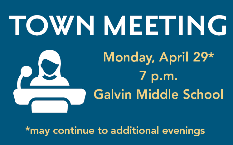 illustration of person at a microphone on a teal background. text "Town Meeting April 29 at 7 pm. Galvin Middle School"