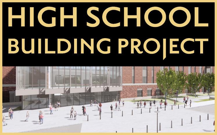 High School Building Project with illustration of new high school, brick building with people walking out front